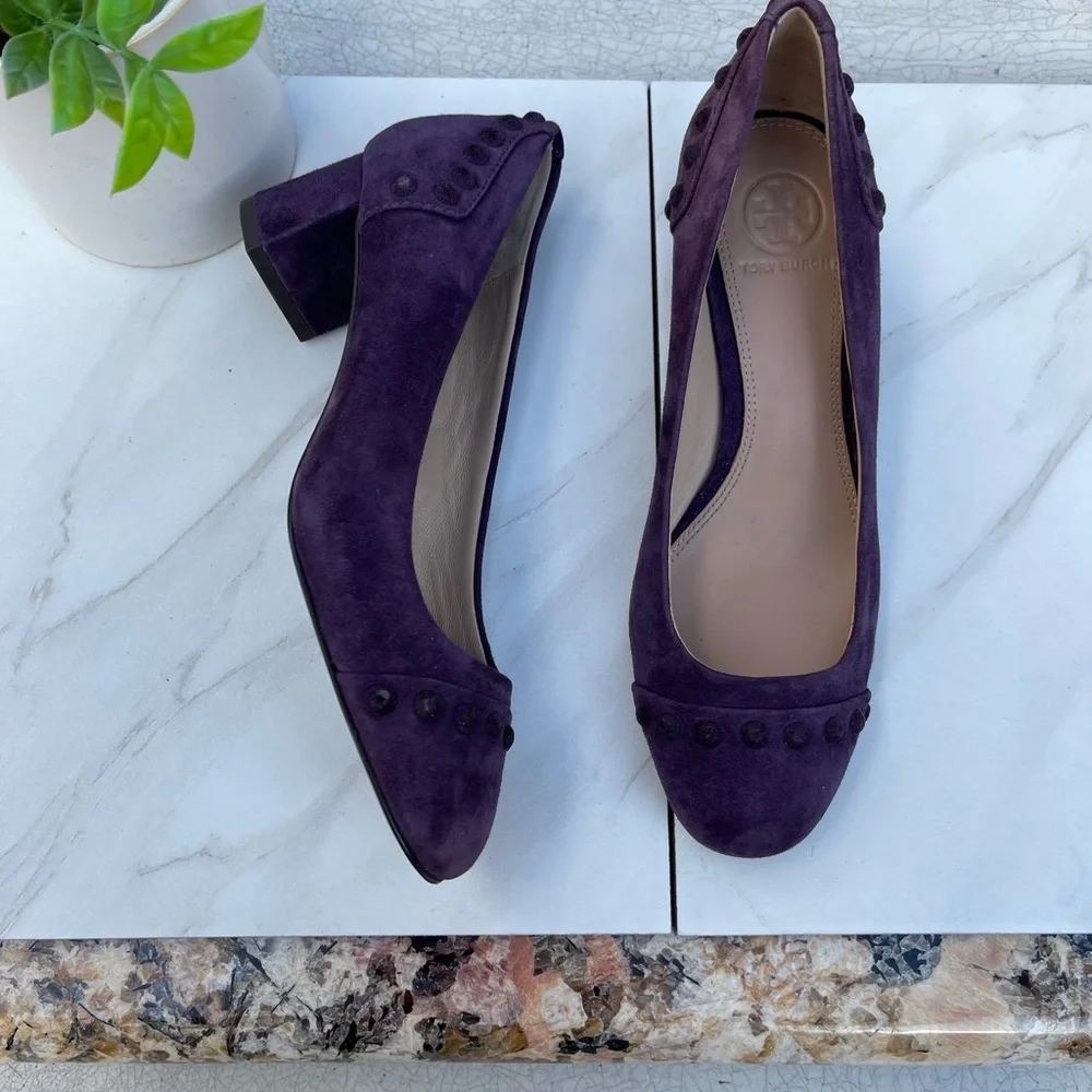 Tory Burch Colt Suede Pump Studded Block Heel Pump Purple Suede Leather Size 5
